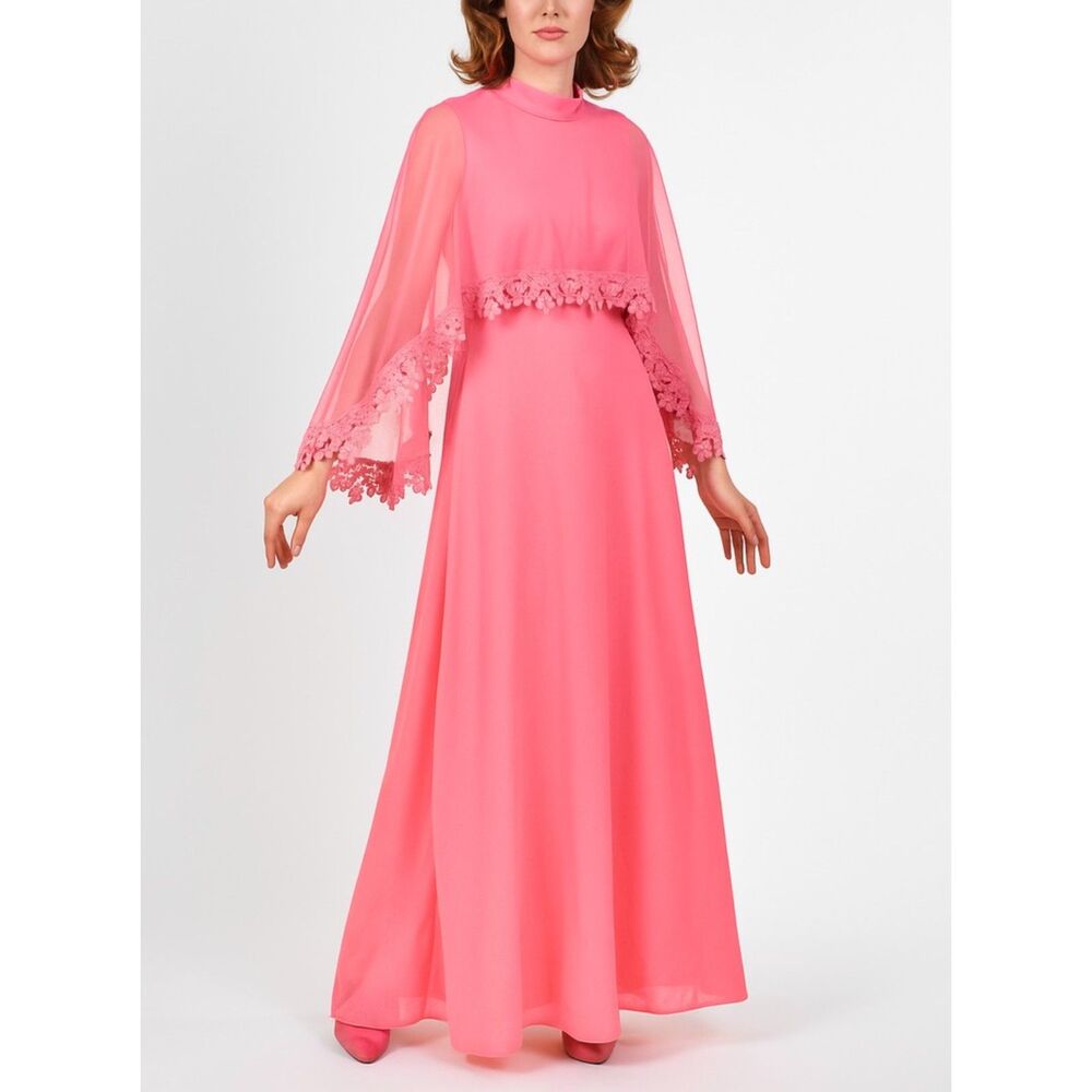Miss Rubette Coral Chiffon Lace Capelette 1960s Vintage Long Formal Gown Sz 4